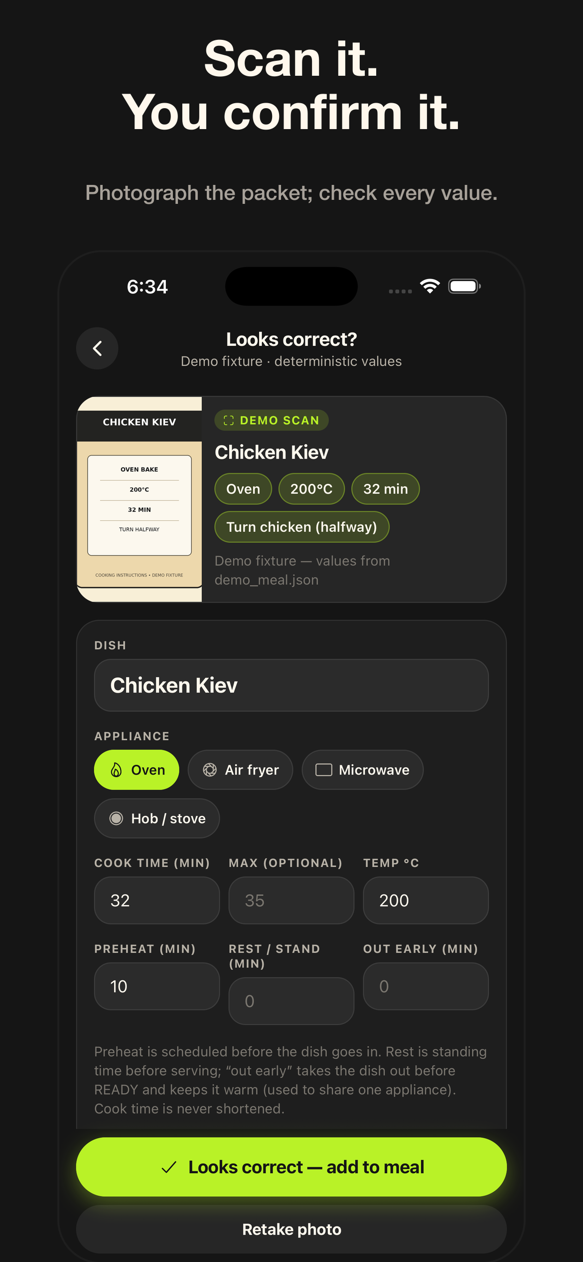 Confirmation screen showing the instructions read from a packet, with editable chips