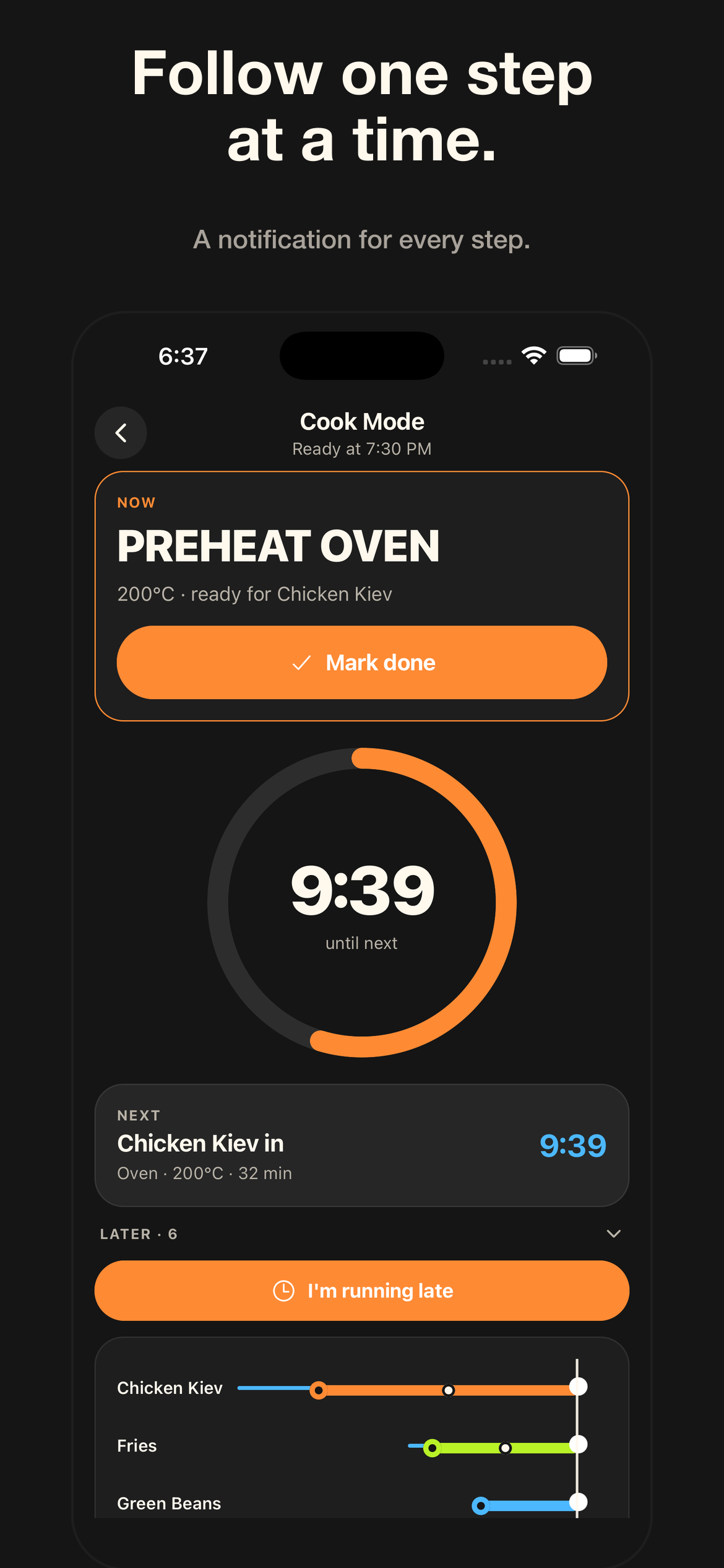 Cook Mode with the current step and a countdown ring
